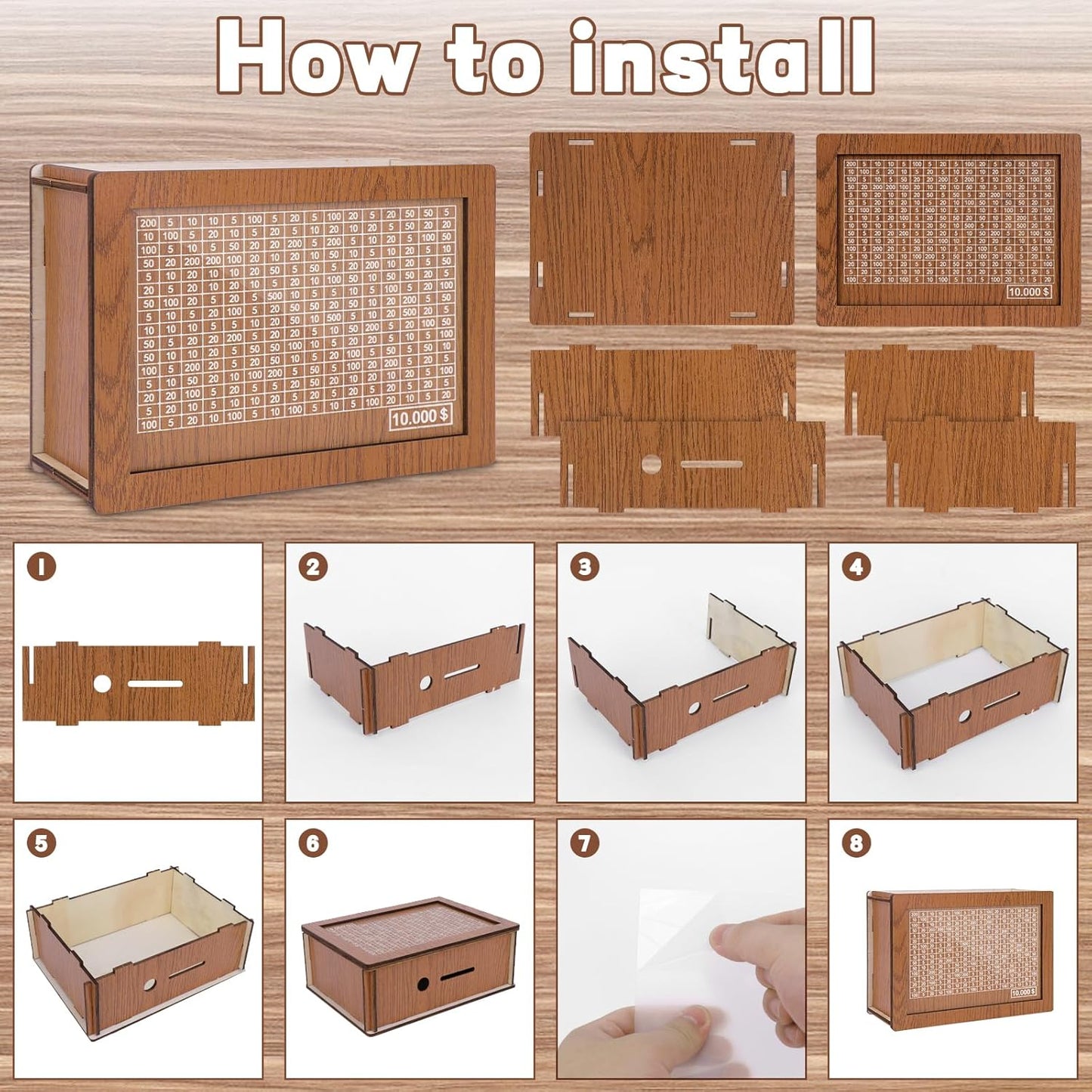 10,000 Savings Challenge Box - Wooden Cash Vault and Coin Counter for Adults and Kids, Kakeibo Money Box