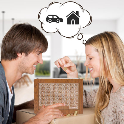 10,000 Savings Challenge Box - Wooden Cash Vault and Coin Counter for Adults and Kids, Kakeibo Money Box