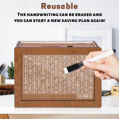 10,000 Savings Challenge Box - Wooden Cash Vault and Coin Counter for Adults and Kids, Kakeibo Money Box