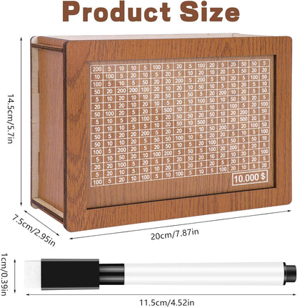 10,000 Savings Challenge Box - Wooden Cash Vault and Coin Counter for Adults and Kids, Kakeibo Money Box