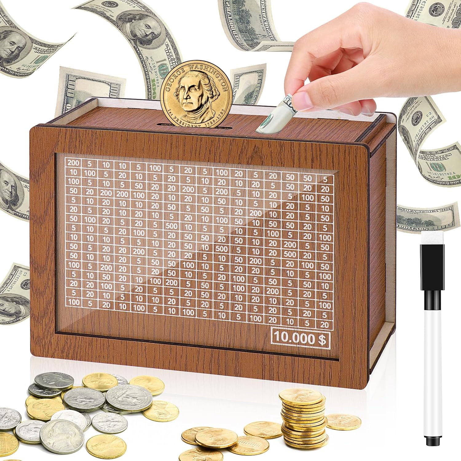10,000 Savings Challenge Box - Wooden Cash Vault and Coin Counter for Adults and Kids, Kakeibo Money Box