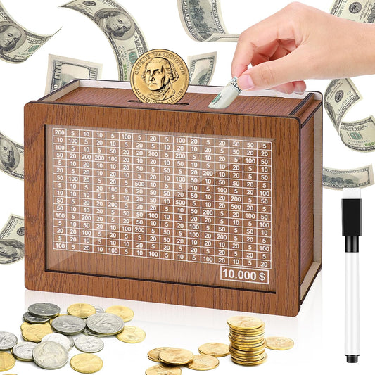 10,000 Savings Challenge Box - Wooden Cash Vault and Coin Counter for Adults and Kids, Kakeibo Money Box